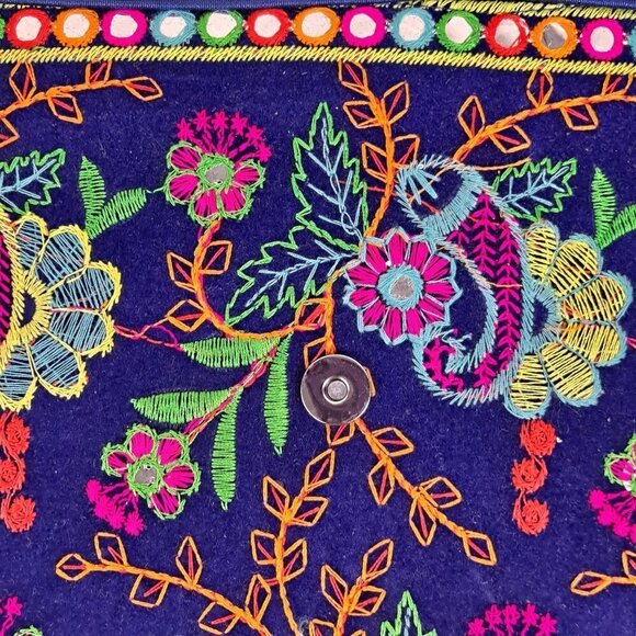 Navy Blue Clutch Bag Colorful Embroidery Elephants Floral Mirror Details NWOT - Picture 7 of 14